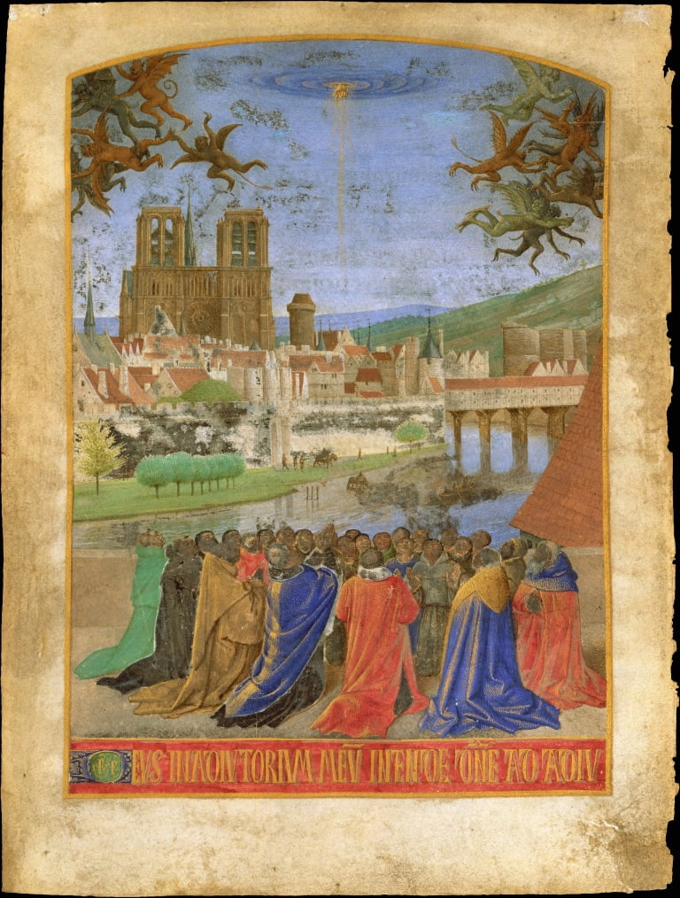 Enluminure de Jean Fouquet représentant Notre-Dame de Paris au fond, XVe siècle